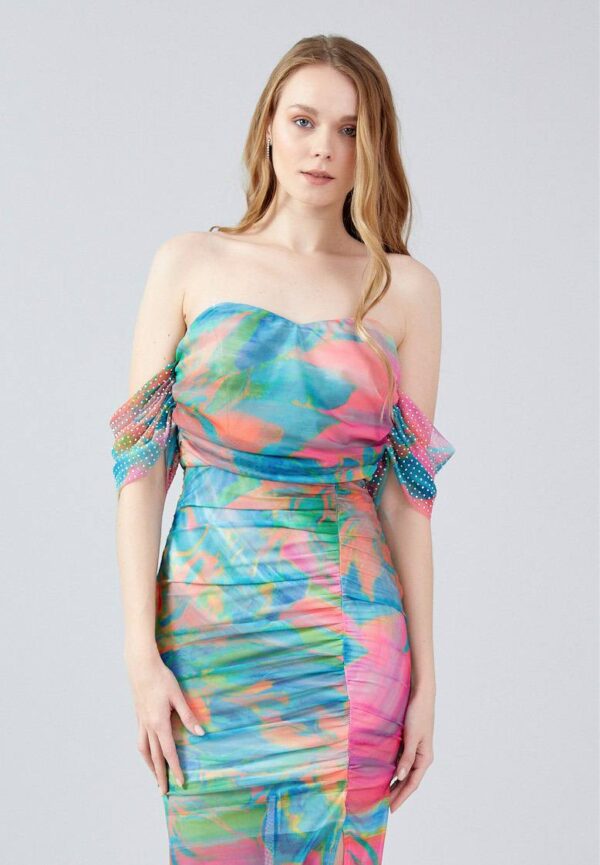 Off Shoulder Midi Chiffon Bodycon Regular Fuchsia Multicolor Evening Dress