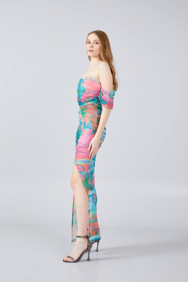 Off Shoulder Midi Chiffon Bodycon Regular Fuchsia Multicolor Evening Dress - Image 2