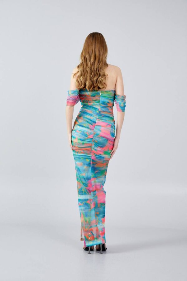 Off Shoulder Midi Chiffon Bodycon Regular Fuchsia Multicolor Evening Dress - Image 4