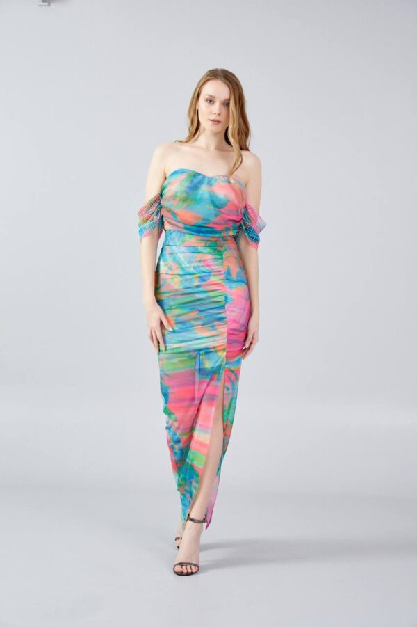 Off Shoulder Midi Chiffon Bodycon Regular Fuchsia Multicolor Evening Dress - Image 5
