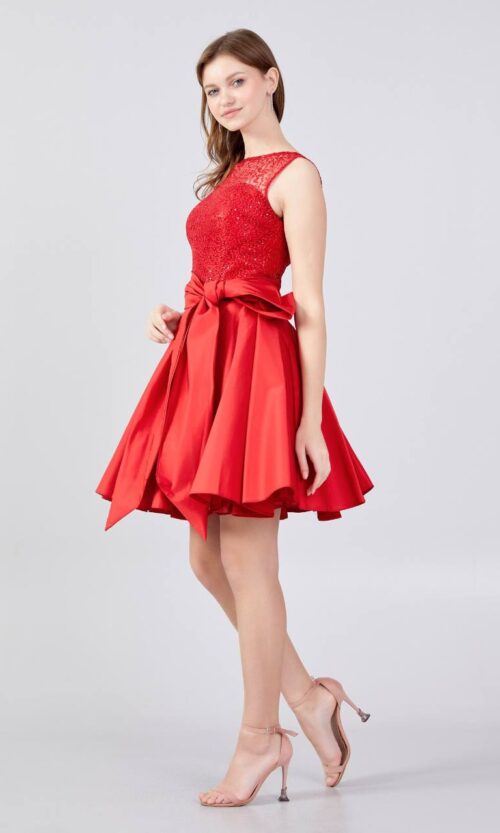 sleeveless mini satin red cocktail dress
