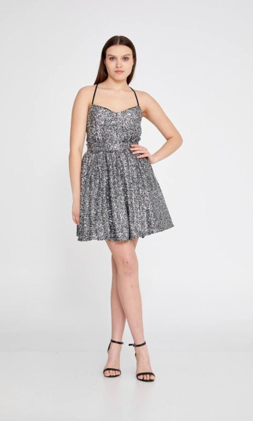 Sleeveless Mini Sequin Regular Black-Silver Prom Dress