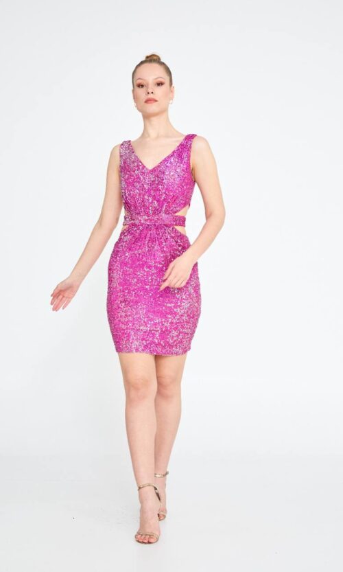 Sleeveless Mini Sequin Regular Fuchsia Evening Dress