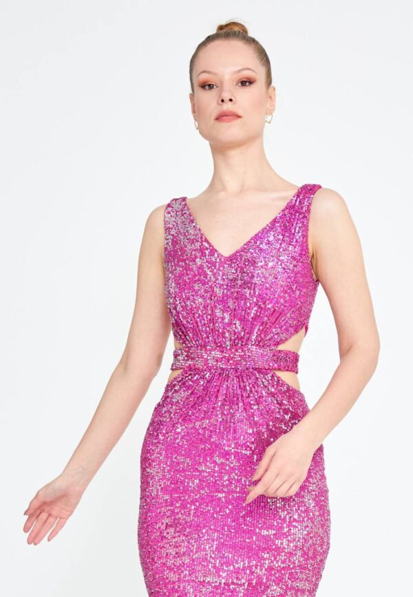 Sleeveless Mini Sequin Regular Fuchsia Evening Dress - Image 3