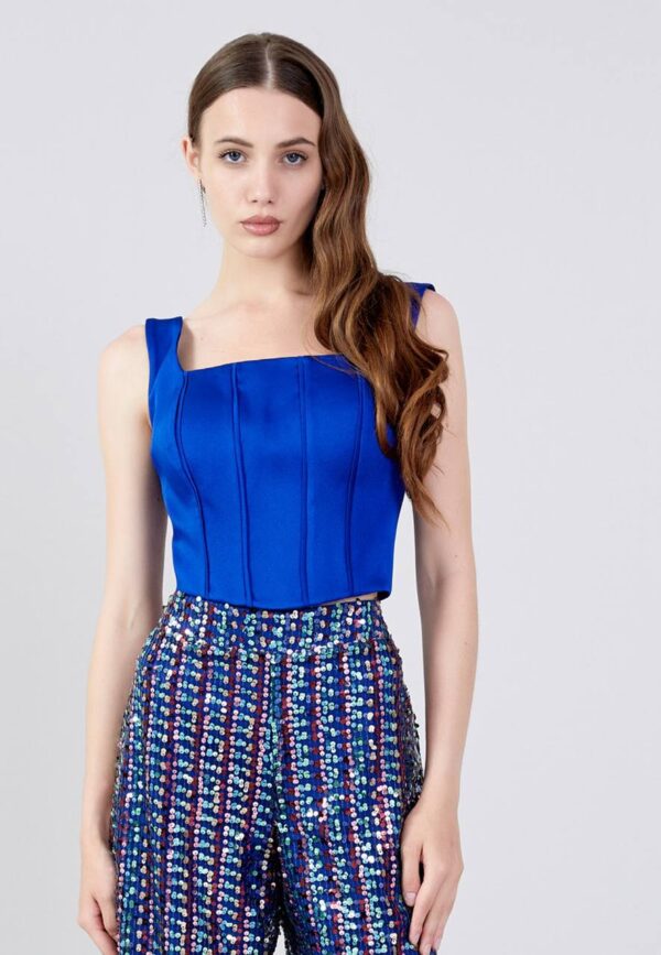 Sleeveless Satin Solid Color Regular Blue Two-Piece Outfit - Image 4