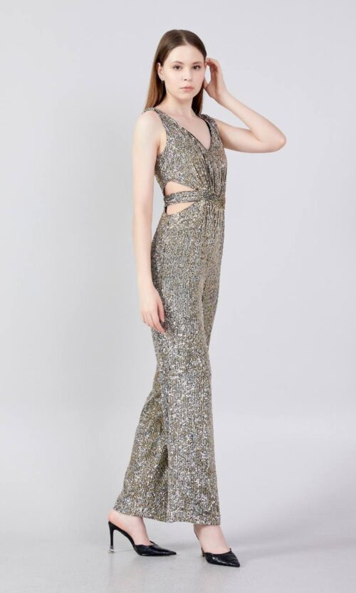 Sleeveless Sequin Regular Fit Regular Gold/ Black Evening Jumpsuit