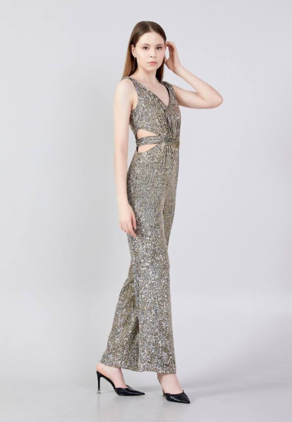 Sleeveless Sequin Regular Fit Regular Gold/ Black Evening Jumpsuit