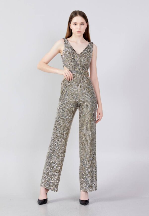 Sleeveless Sequin Regular Fit Regular Gold/ Black Evening Jumpsuit - Image 2