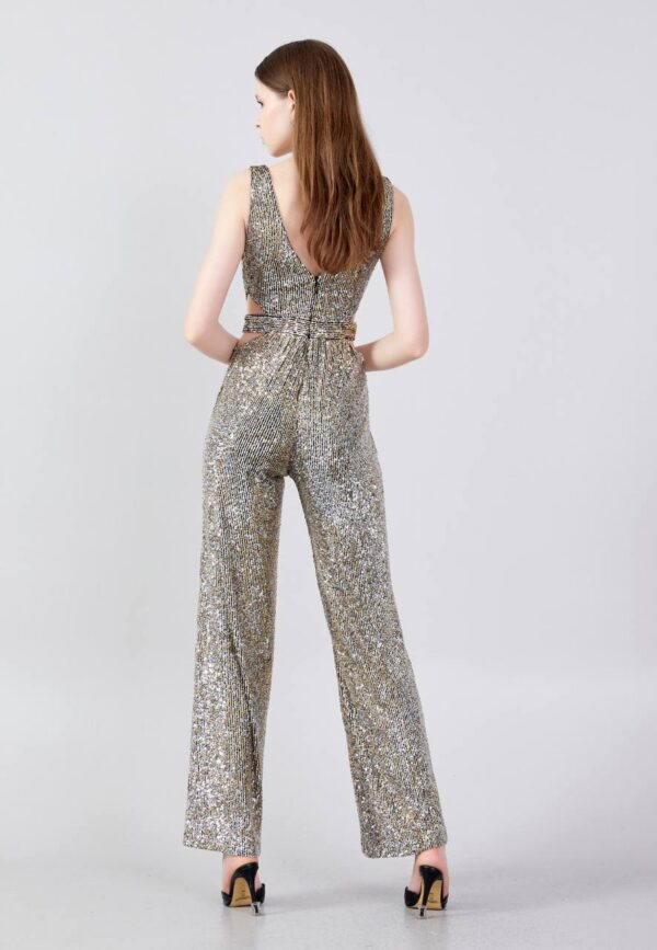 Sleeveless Sequin Regular Fit Regular Gold/ Black Evening Jumpsuit - Image 3