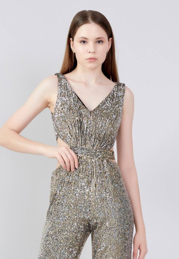 Sleeveless Sequin Regular Fit Regular Gold/ Black Evening Jumpsuit - Image 4